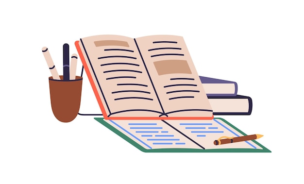Textbook exercise book and pen composition Grammar and language education study concept Writing school syllabus essay preparation for exam Flat vector illustration isolated on white background