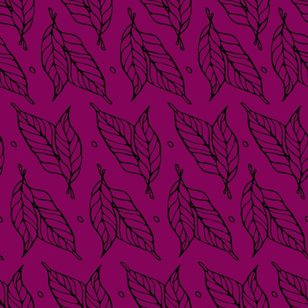 Vector textielontwerp naadloos patroon met gestileerde omtrekbladeren op donkerroze achtergrond premium vector