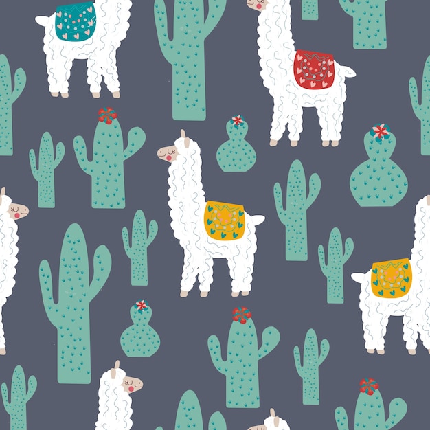 Textile fabric seamless patterns with illustrations of llama and cactus.