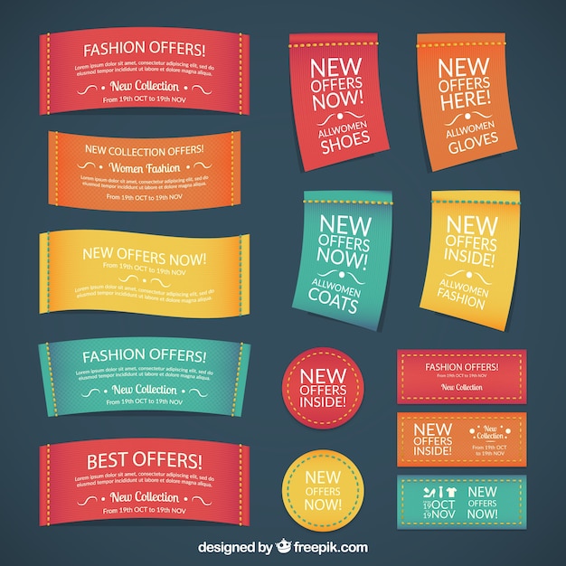 Vector textile fashion labels in colored style