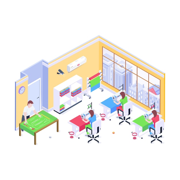 Textile manufacturing isometric illustration of sewing workshop