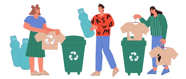 使用済みのものを容器に捨てる人々による繊維とプラスチックのリサイクル
