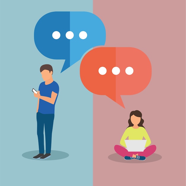 Texting connections. man and woman chatting. vector illustration in flat design with speech bubbles