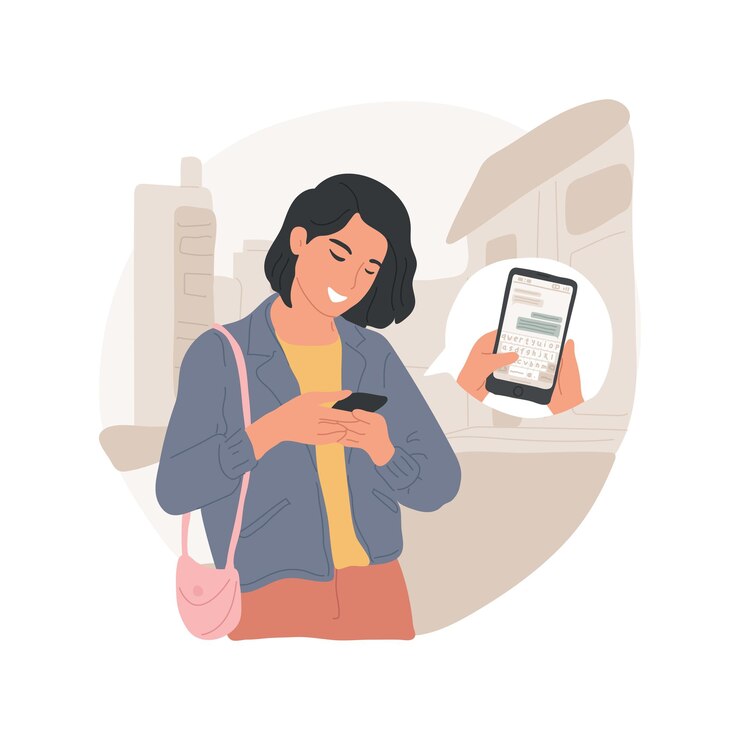 Vector 短信在路上 孤立的卡通向量插图 美丽的女孩在路上短信