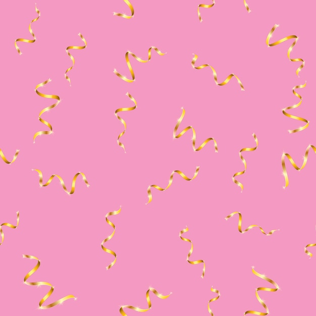 Texture seamless pattern of beautiful different festive yellow gold luxury elegant gift wavy vivid blessed bulk ribbons of lines for the new year christmas on a pink background vector illustration