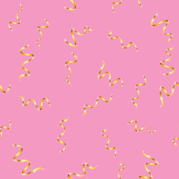 Текстурный бесшовный узор из красивых различных праздничных желтых золотых роскошных элегантных подарков волнистые яркие благословенные объемные ленты линий на новый год рождество на розовом фоне векторная иллюстрация