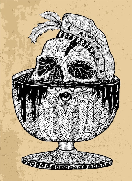 Textured black and white scary illustration of vector skull in old chalice or cup with blood