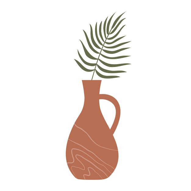 白い背景に分離された熱帯植物の枝を持つ織り目加工の茶色の花瓶ベクトル要素ミッドセンチュリー モダン スタイル アース トーン
