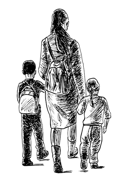 Textured hand drawing of mother with little children walking for a stroll