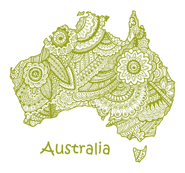 Textured vector map of Australia Hand drawn ethno pattern tribal background