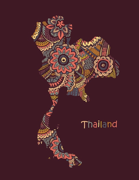 Vettore mappa vettoriale testurizzata della thailandia sfondo tribale con motivo etnico disegnato a mano
