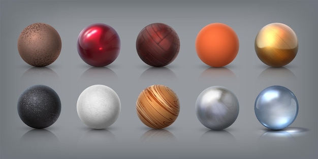 Vector textuur bollen. 3d-realistische ballen van glas, metaal, kunststof, rubbermaterialen, decoratie-elementen en sjablonen voor modellering. vector illustratie abstracte ontwerpen balvormen