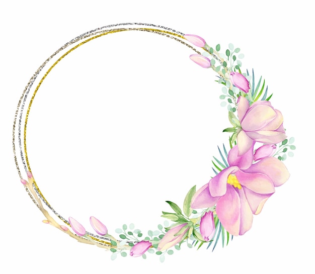 TFrame goud en zilver in de vorm van een cirkel versierd met aquarel Magnolia bloemen.