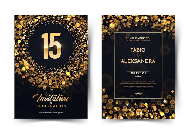 Th anni compleanno vettore carta nera invito di lusso doppia carta quindici anni anniversario di matrimonio