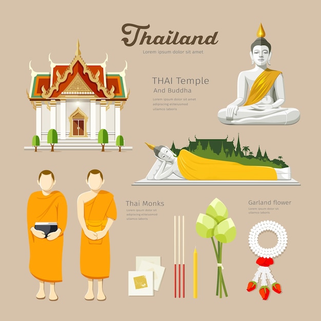 Buddha tailandese e tempio con monaci lotusflowercandle in tailandia design sfondo vector