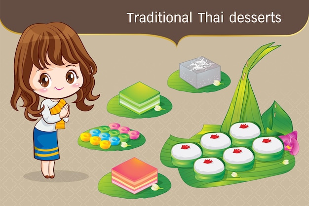 Thai character in traditional costume Sawasdee and welcome presenting traditional thai dessert set