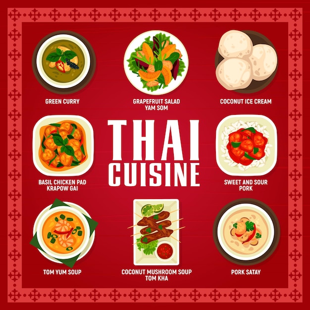 Vector thai cuisine, asian food tom yum soup and curry