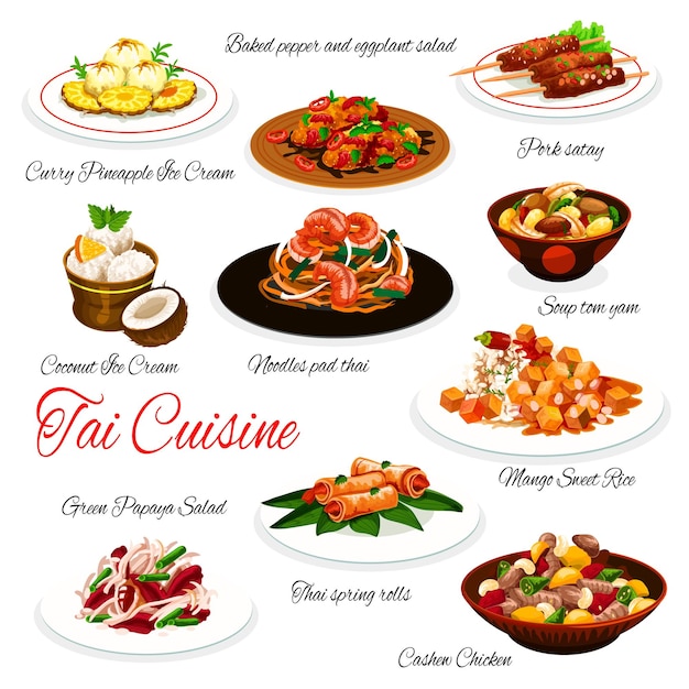 Vector thai cuisine dishes asian food with meat seafood