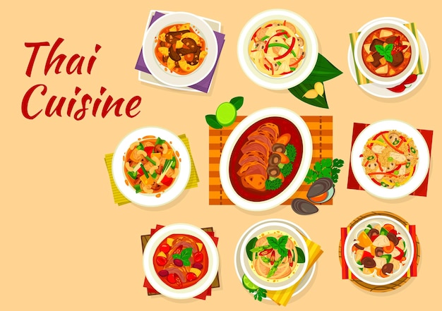 Thai cuisine dishes of meat and vegetable food set