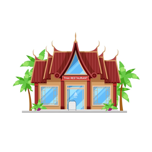 Vector thai cuisine restaurant building icon thailand food cafe or restaurant facade with large windows glass door decorated asian ornaments palm trees asian city street food restaurant building exterior