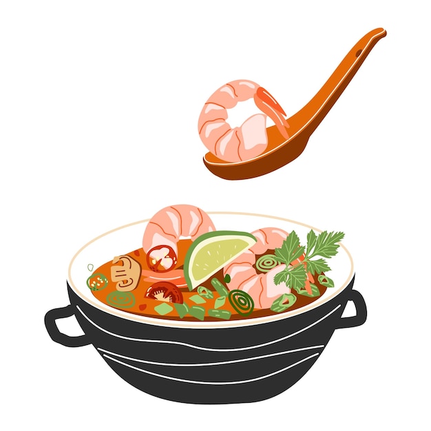 Вектор Тайское блюдо том ям суп вид сбоку азиатская еда ручной рисунок изолированный на белом фоне
