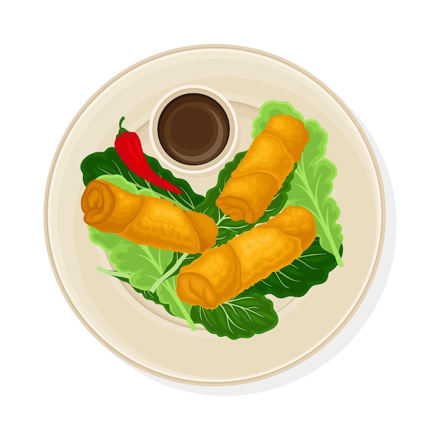 Vettore piatto thailandese con rotoli di stufa fritti serviti su foglie verdi con illustrazione vettoriale della salsa