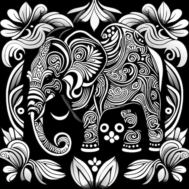 thai elephand fabric pattern seamless black and white tone outline illustration vector illustration