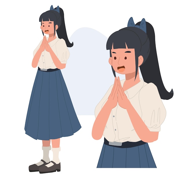 Thai female student in student uniform greeting Sawasdee Vector illustration