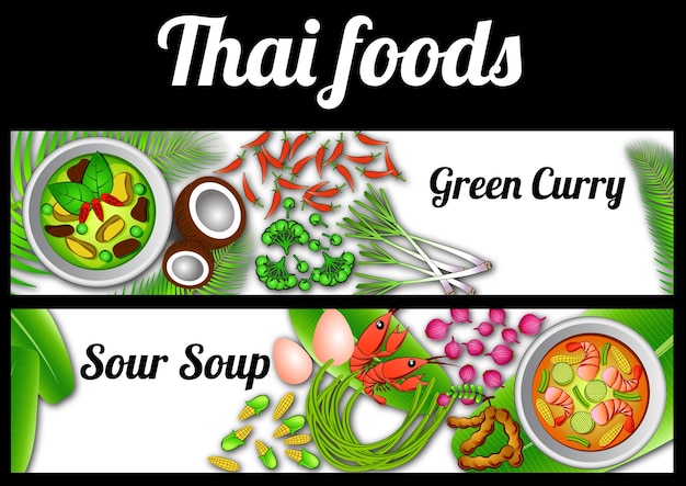 Vector thai food banner groene curry en zure soep