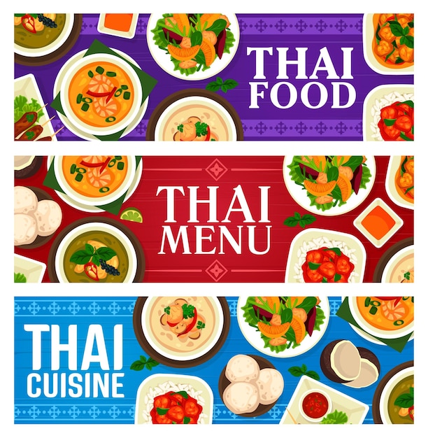 Thai food banners, thailand cuisine dishes, meals