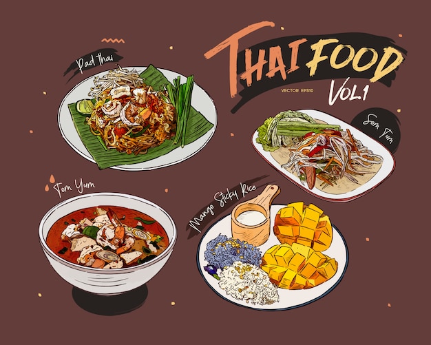 Thai food collection, hand draw sketch .