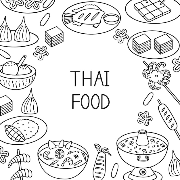 Thai food doodle set Asian cuisine Tom yum fried ice cream octopus in sketch style Hand drawn vector illustration isolated on white background