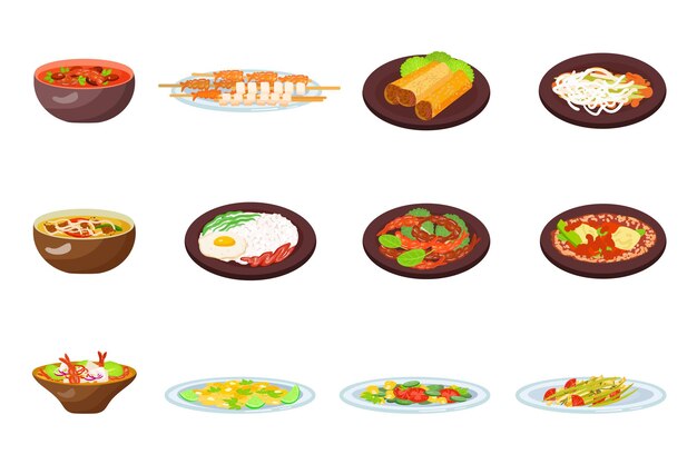 Thai food icons set cartoon vector Rice dinner