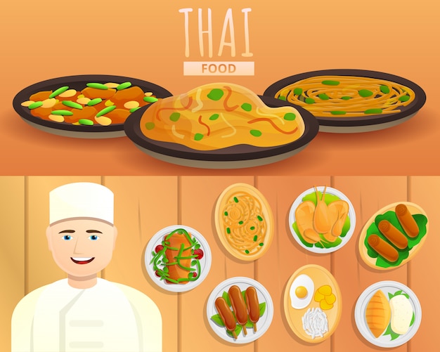 Иллюстрация тайской кухни на мультяшном стиле