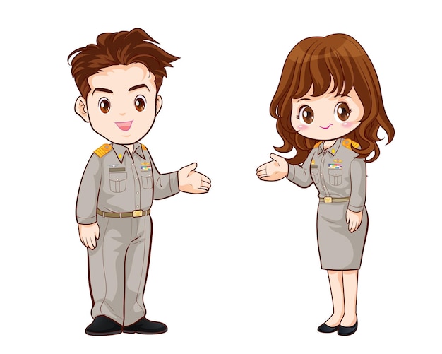 Thai government officers in uniform couple cartoon character