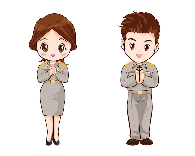 Thai government officers in uniform couple cartoon character