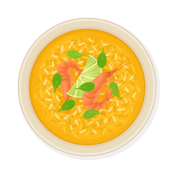 벡터 thai main course with rice and shrimps top view vector illustration