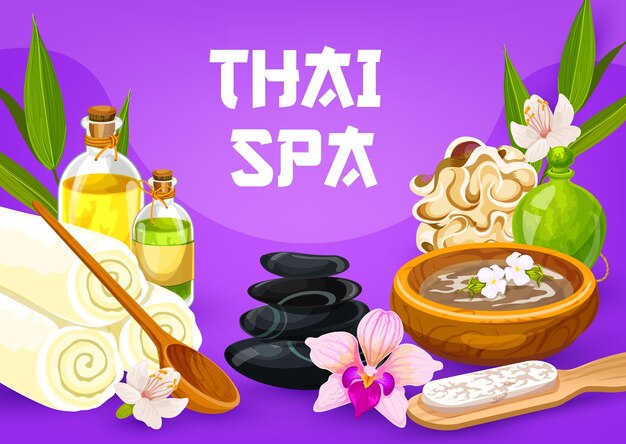 Vettore massaggio tailandese spa olio e pietre asciugamani e spugna