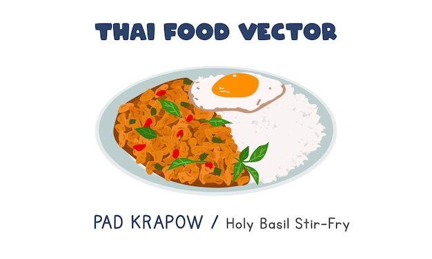 Thai Pad Krapow Gai - 태국 홀리 바질 치킨 볶음 플랫 벡터 클립아트. 아시아 음식. 태국 요리