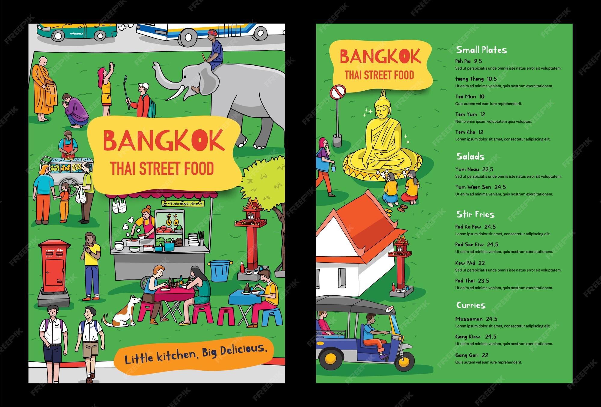 Premium Vector | Thai street food menu template with handdrawn characters