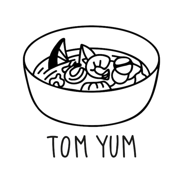 手描き落書きスタイル アジア料理レストラン メニューのタイのトムヤム スープ ボウル