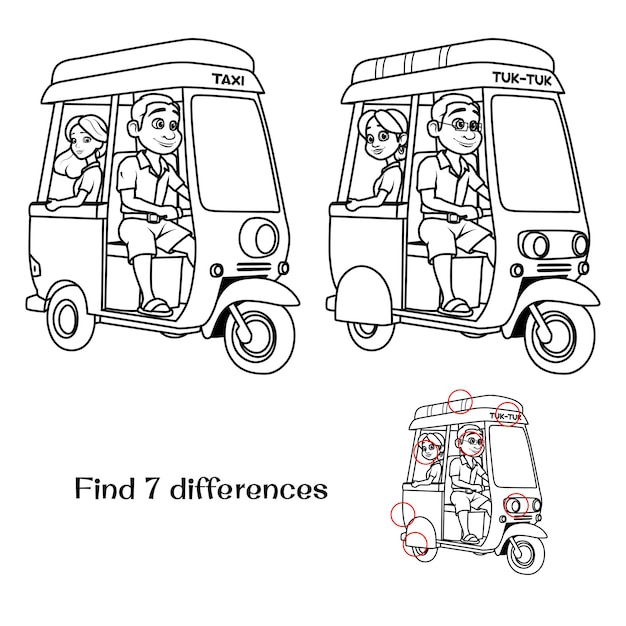 Vector thai tuktuk taxi with driver and passenger find 7 differences tasks for children