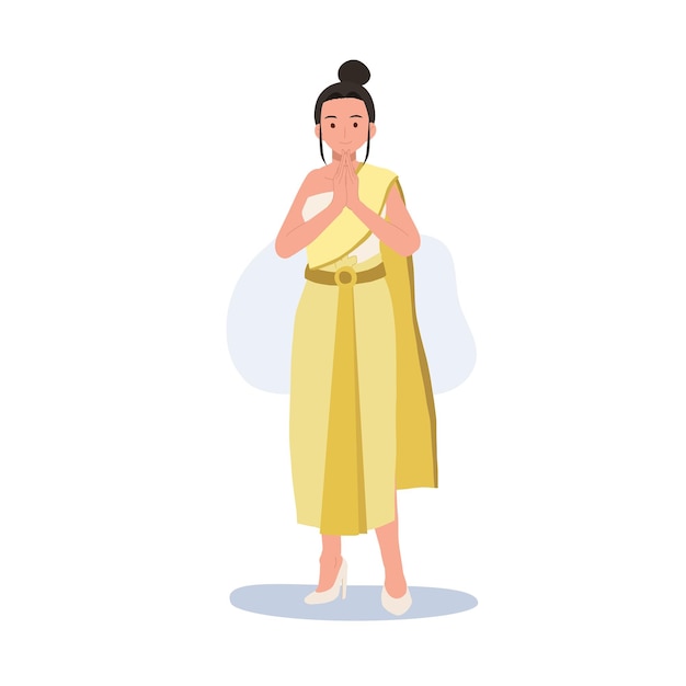 Thai woman in Thai traditional costume say hello Sawasdee Thai people greeting Sawasdee Flat vector illustration