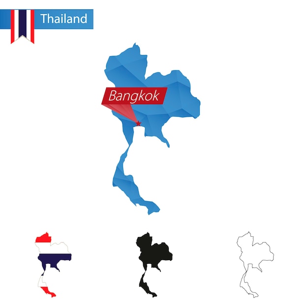 Mappa blu della thailandia low poly con capitale bangkok