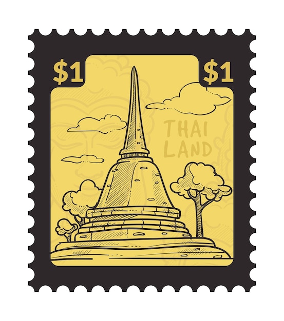 Vettore attrazioni famose della thailandia su cartoline o timbri postali