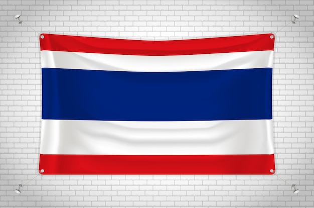 Thailand flag hanging on brick wall. 3D drawing. Flag attached to the wall. Neatly drawing in groups