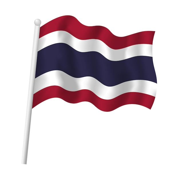 Вектор Флаг таиланда на флагштоке, размахивающий в ветре. флаг тайланда с полосатыми векторами. иллюстрация изолированного объекта.
