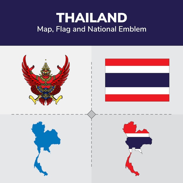 Vector thailand kaart, vlag en nationale embleem