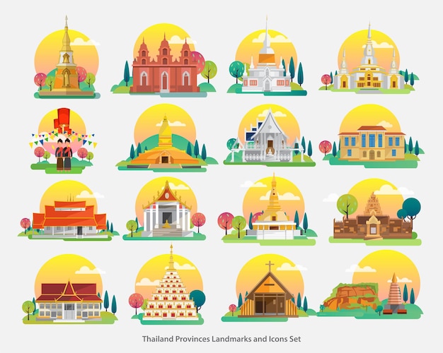 Vettore punti di riferimento della thailandia e set di icone, icone della costruzione di architettura, illustrazione vettoriale