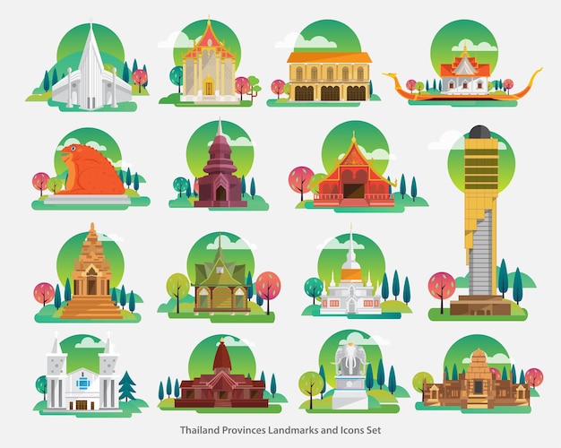 thailand landmarks and icons set, architecture building icons , vector illustration